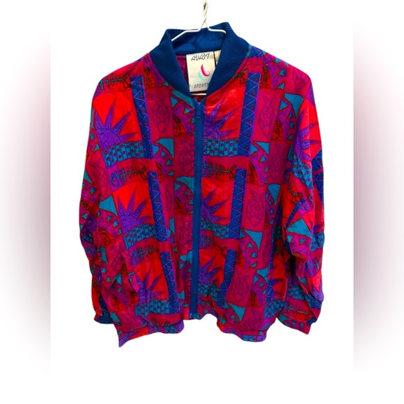 Vintage AVIAT SPORTIF Crazy Print Windbreaker Jacket Geometric Size Medium - Picture 1 of 3